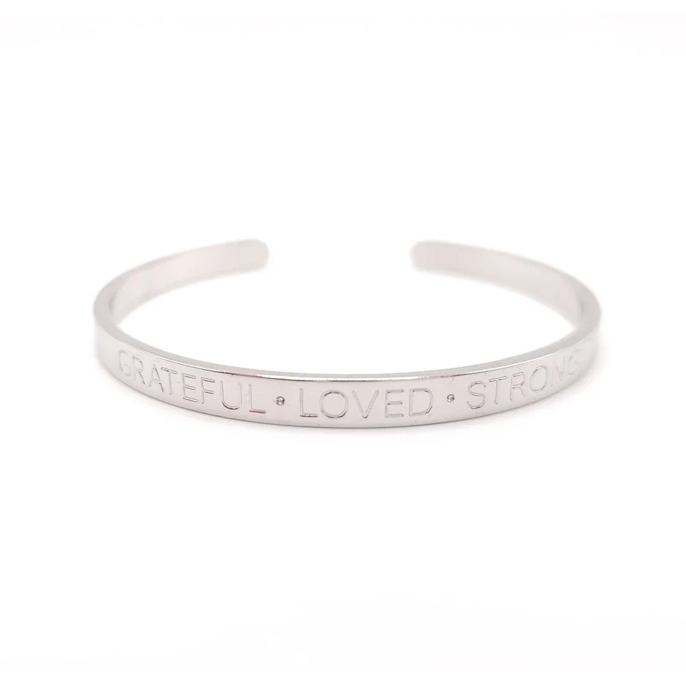 Talbots Engraved Silver Tone Bangle Bracelet Grateful Loved Strong Motivational